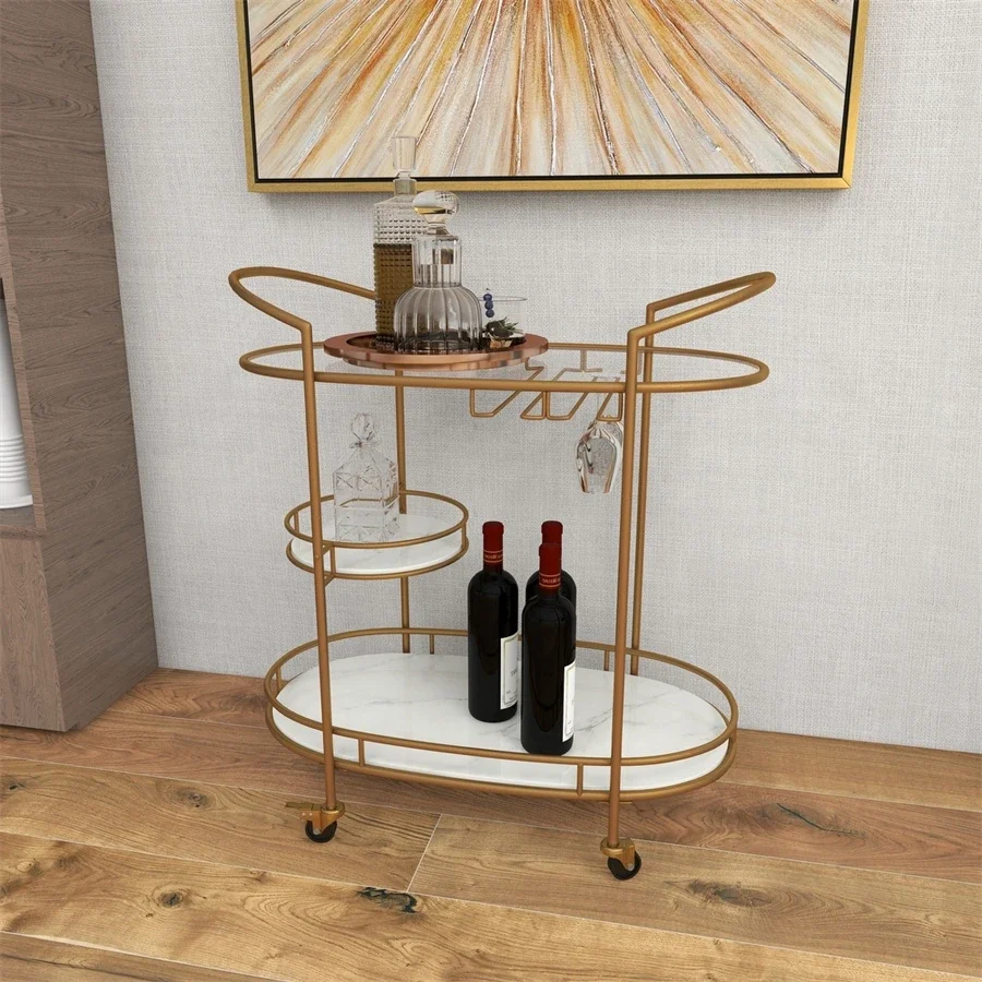 Tempered Glass Ties Hotel Restaurant Luxury Marble Top Kitchen Trolley Gold Drink Bar Cart for Home