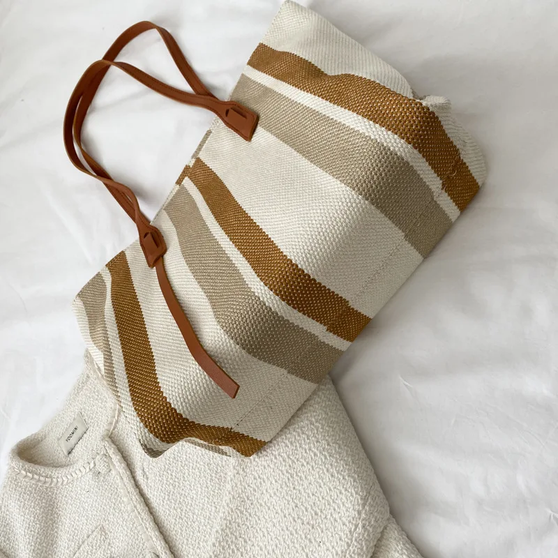 Picture 3: Korean version large capacity women shoulder bag canvas simple vertical stripe casual tote bag fashion handbag