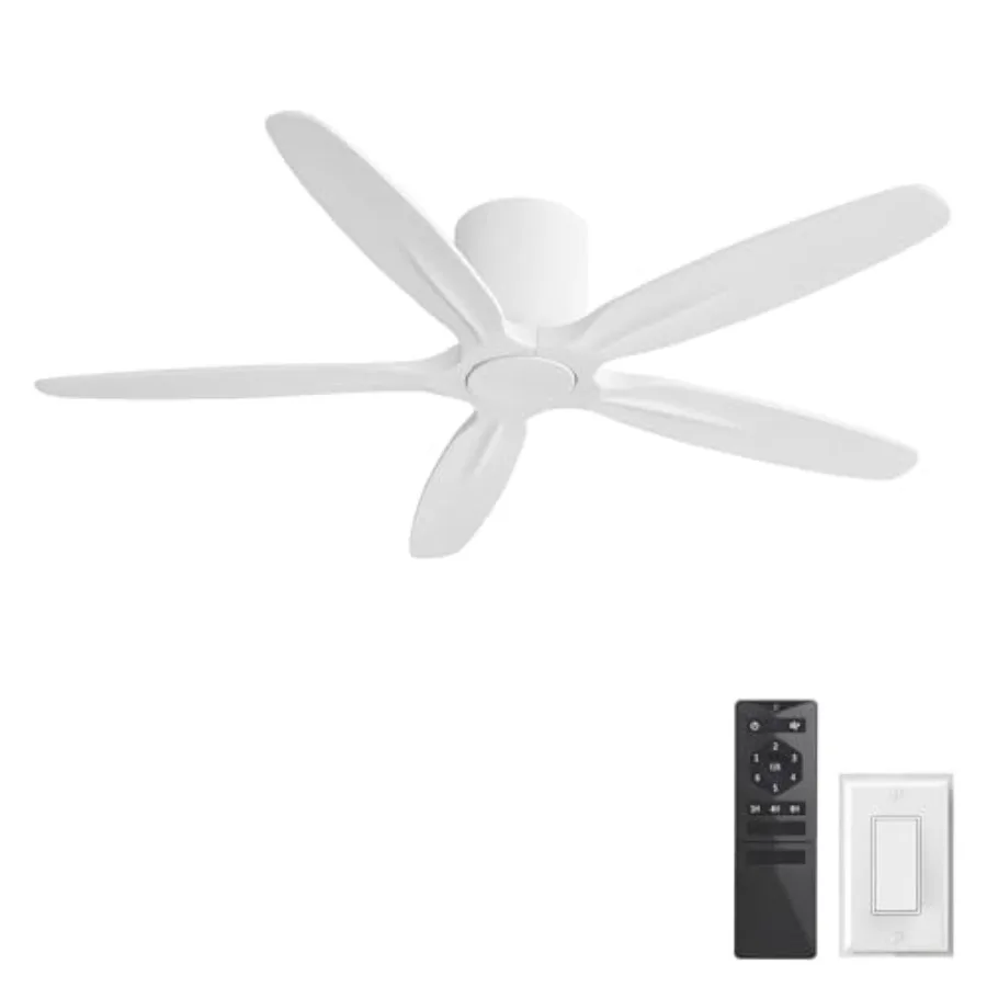 

Bedroom living room ceiling fan with carved solid wood blades, white finish, 54-inch flush mount design, 6-speed reversible DC
