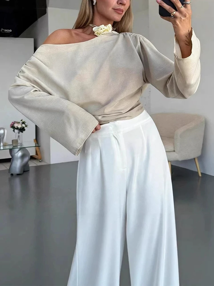 

Новые женские свободные топы для повседневной носки весна-лето, простые модные блузки с открытыми плечами для вечеринок, повседневные пуловеры с вырезом-лодочкой и длинным рукавом