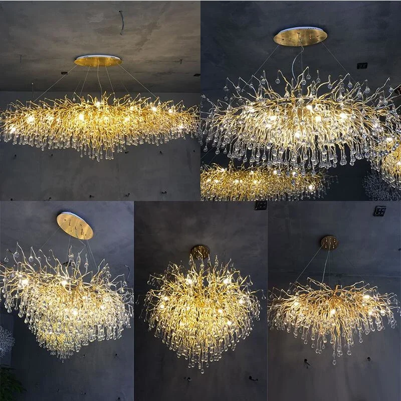 Lustre en cristal de luxe avec branche dorée, lumière moderne, décoration d'hôtel, salon corrigé par l'île