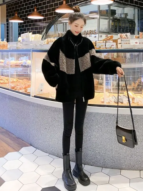 

Женская утепленная куртка из овечьей шерсти с флисовой подкладкой, оверсайз, в стиле колор-блок, корейский дизайн, на молнии