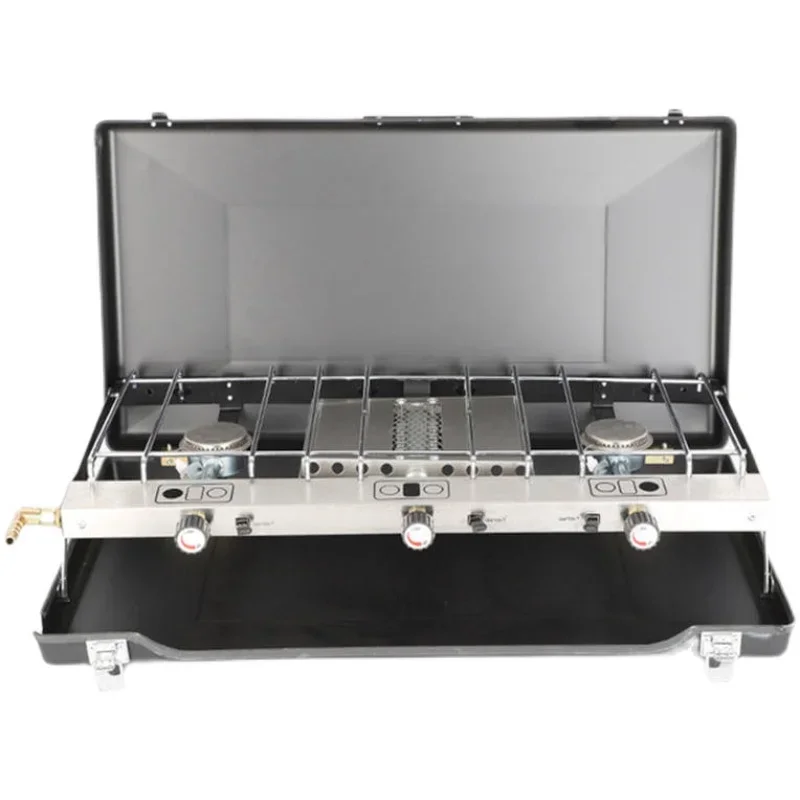 Nuovo barbecue pieghevole fornello a gas campeggio picnic auto gas doppio occhio tre teste antivento fornello per auto picnic all'aperto barbecue