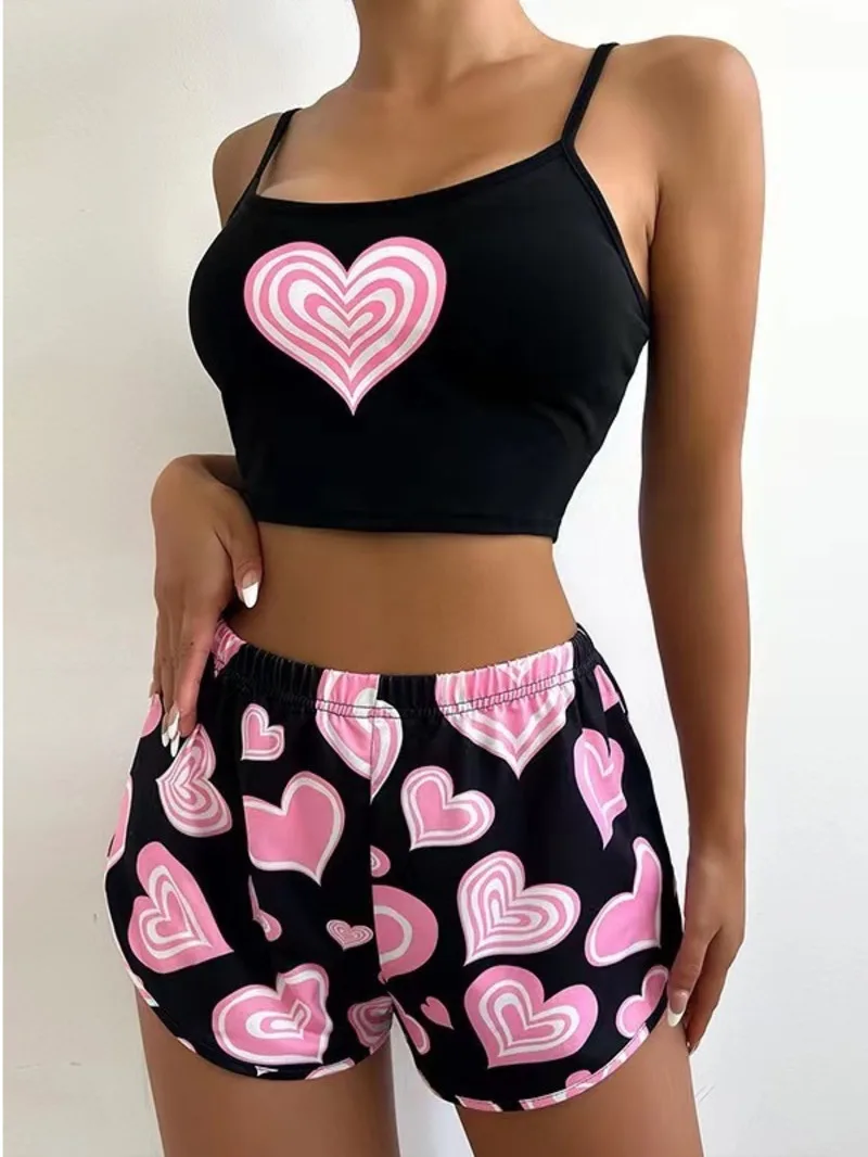

Милый жилет на бретельках для девочек, шорты, костюм, мягкий короткий розовый комплект из двух предметов с принтом в виде сердца, модные спортивные костюмы, женские одинаковые комплекты HOXI