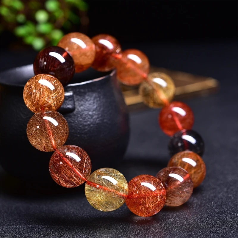 16MM Natural Colored Rutilated Quartz Bracelet Healing Crystal Beads Elastic Charm Bracelets for Women Energy Jewelry Gift