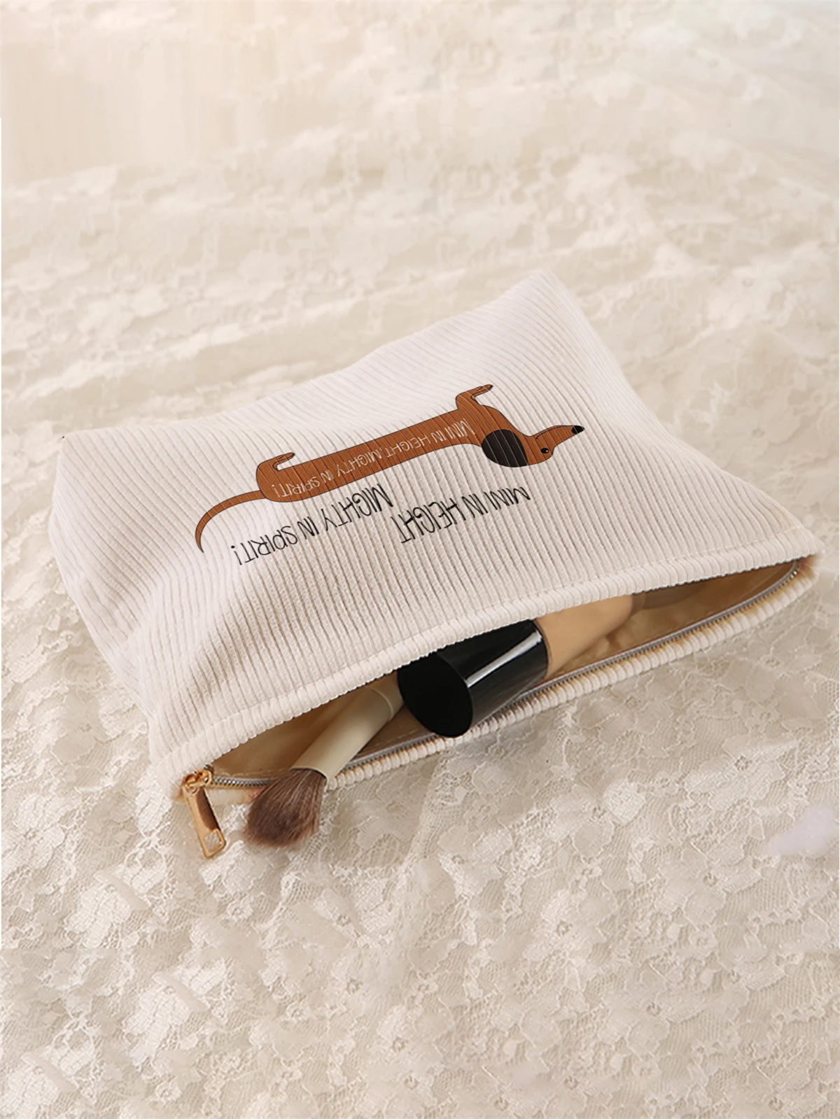 Trousse de maquillage en velours côtelé imprimé motif chien saucisse, boîte de rangement de maquillage légère à fermeture éclair, sac multifonctionnel avec doublure