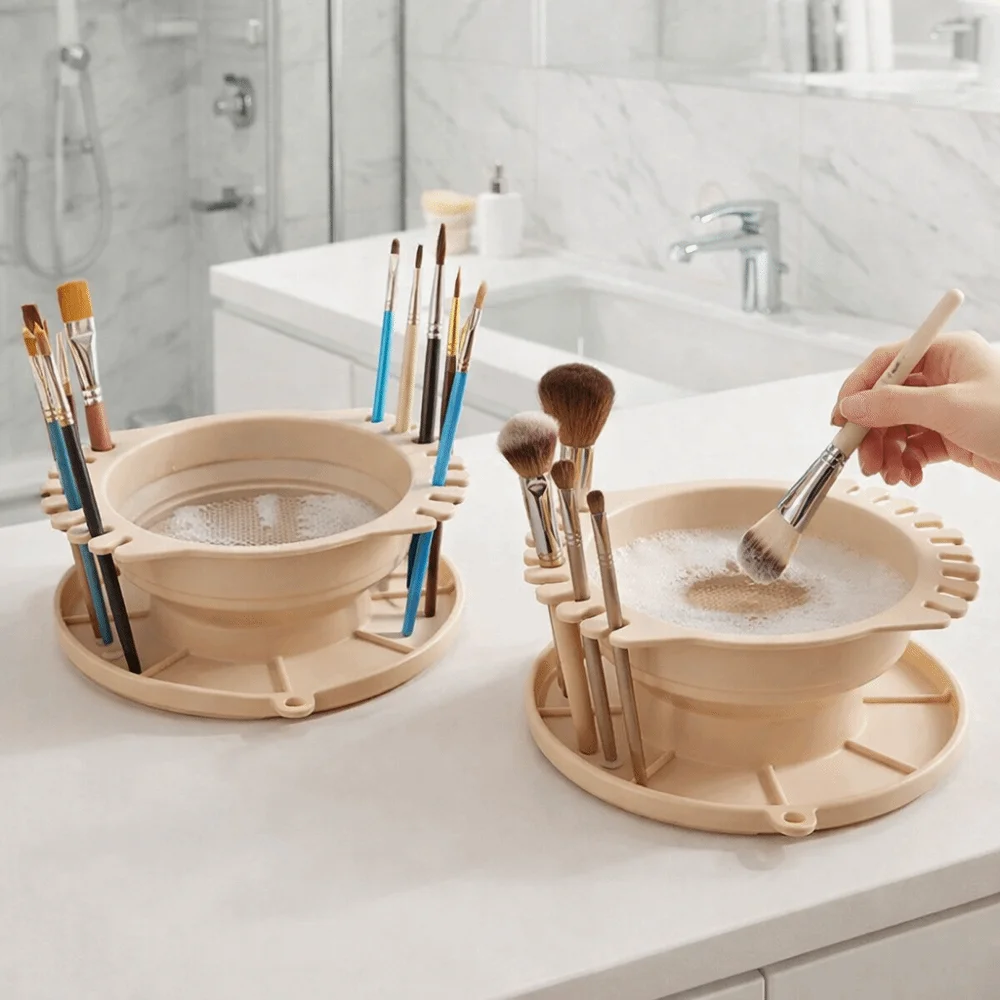 3-in-1 Make-up-Pinsel-Reiniger, faltbar mit Pinselhalter, Make-up-Pinsel-Reinigungsbox, Silikon-Lidschattenpinsel-Waschschale