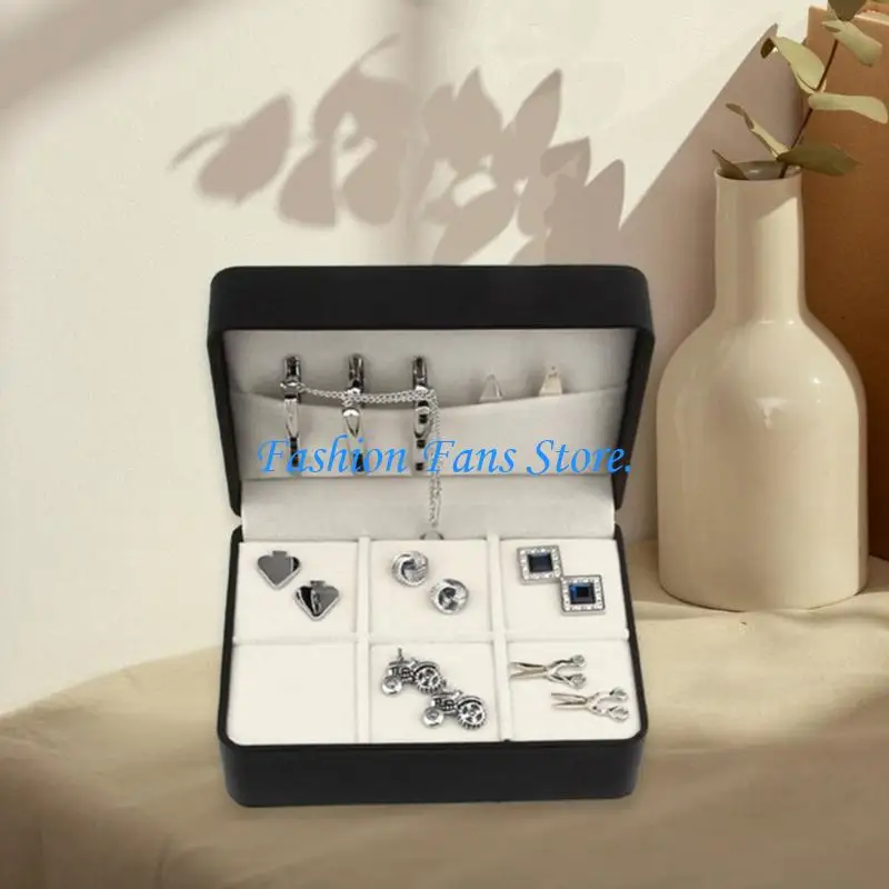 Black PU 6 Pairs Capacity Cufflink Holder Brooch Storage Box Jewelry
