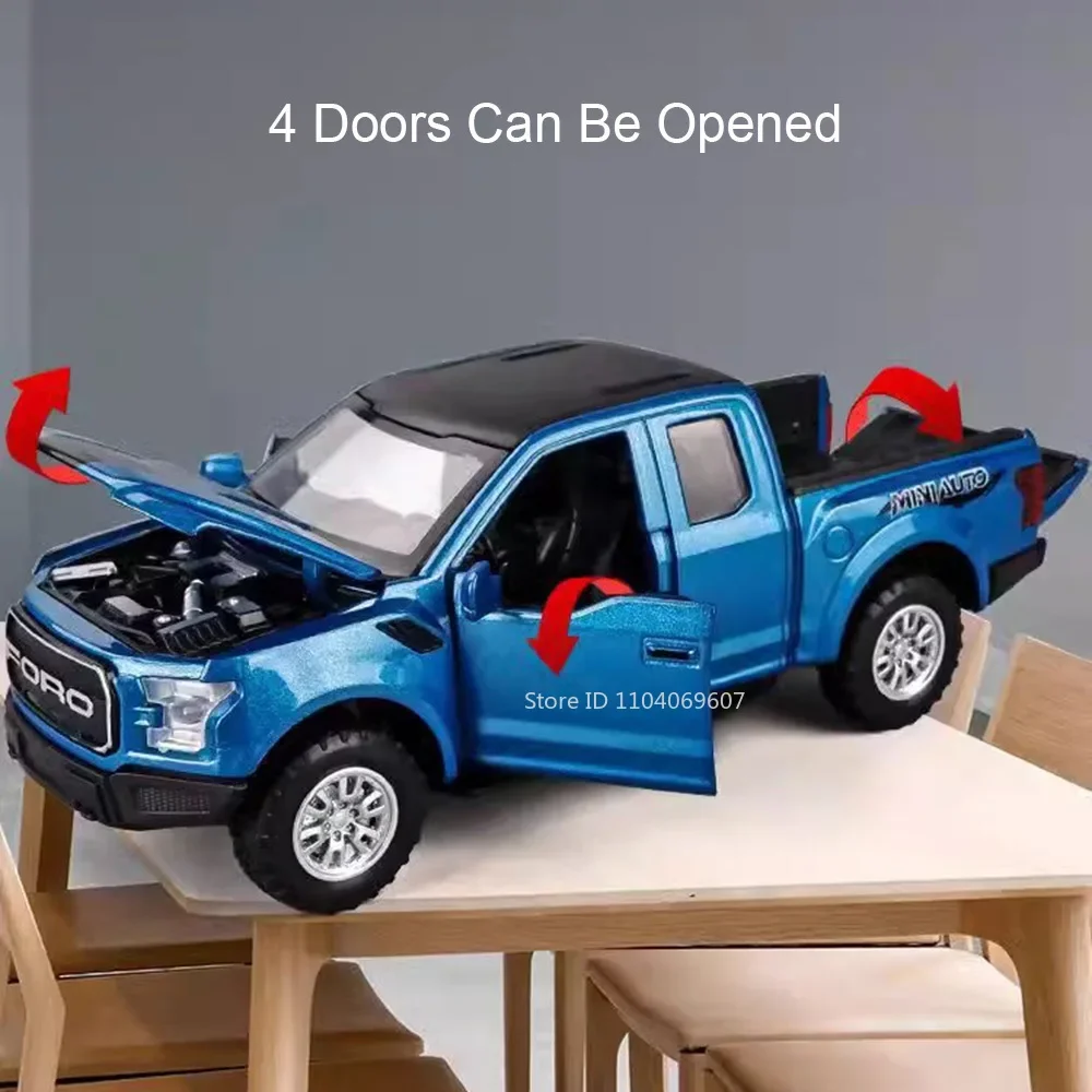 1:32 f150 raptor mamute captador modelo brinquedos metal diecast som luz portas abertas puxar para trás ornamento modelos de veículos off-road
