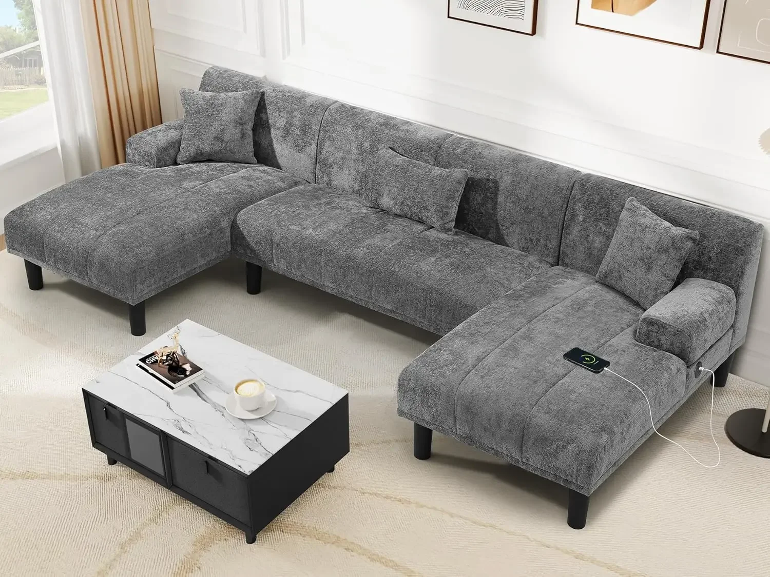 Sectional Couches for Living Room, U Shaped Sofa Chenille Modern Couch with USB & Type C Charging Ports Double Chaise a