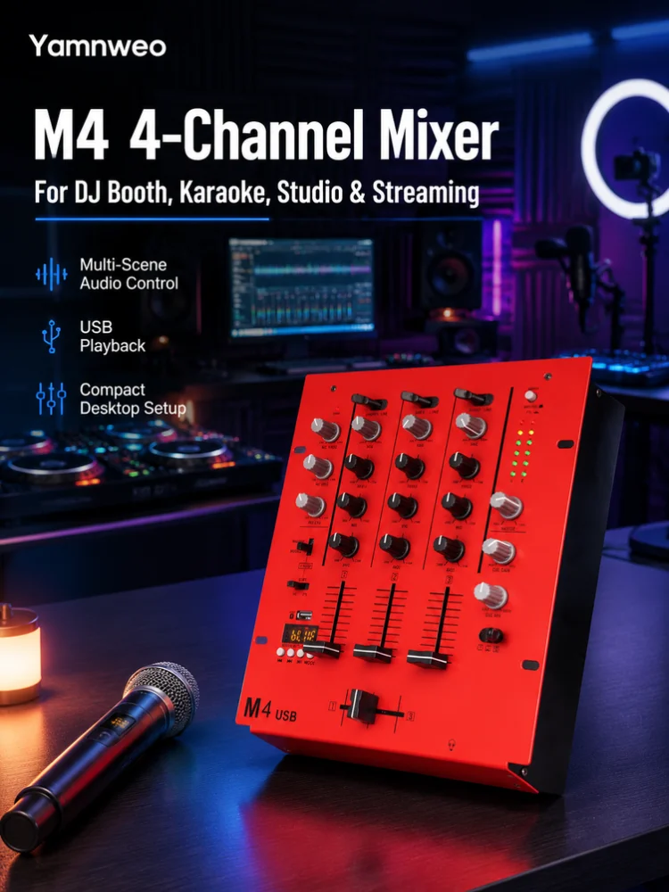 Yamnweo M4 USB Mini DJ Mixer, bezprzewodowe odtwarzanie MP3 przez Bluetooth i USB, niezależne panele wysokich, średnich i niskich tonów, monitoring słuchawkowy w czasie rzeczywistym, interfejs RCA (RED) — Zdjęcie 2 z 2