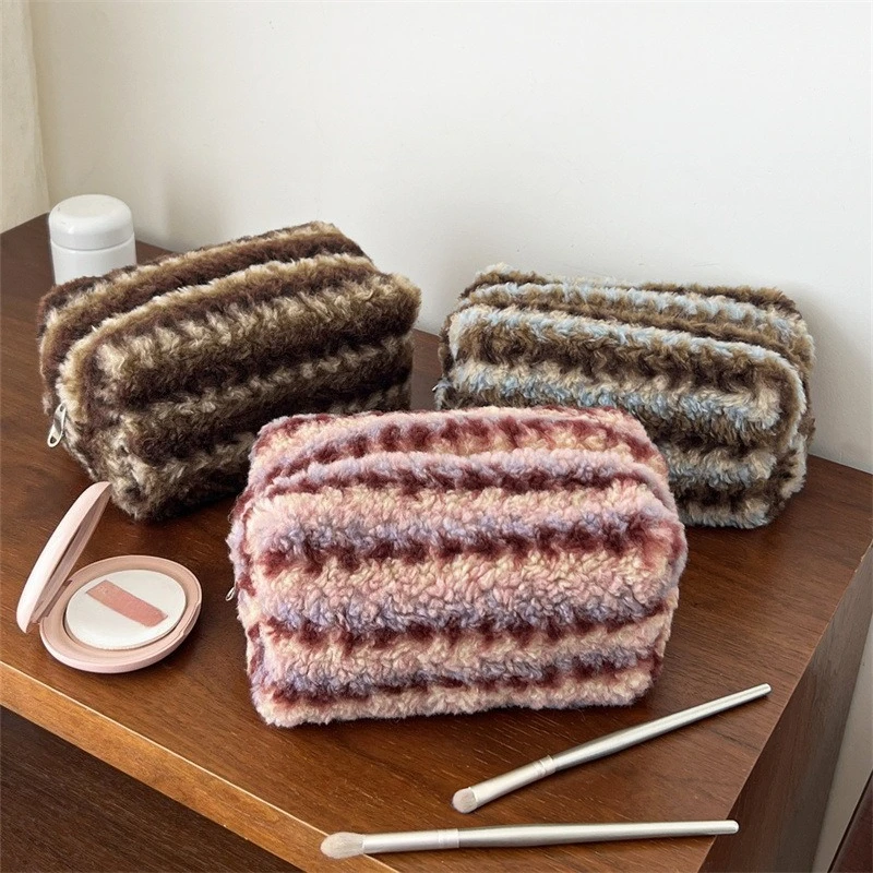 Autumn and Winter Plush Stripe Makeup Bag Large Capacity Toiletry Bag Make up Storage Handbag Retro Style Cosmetic Bag