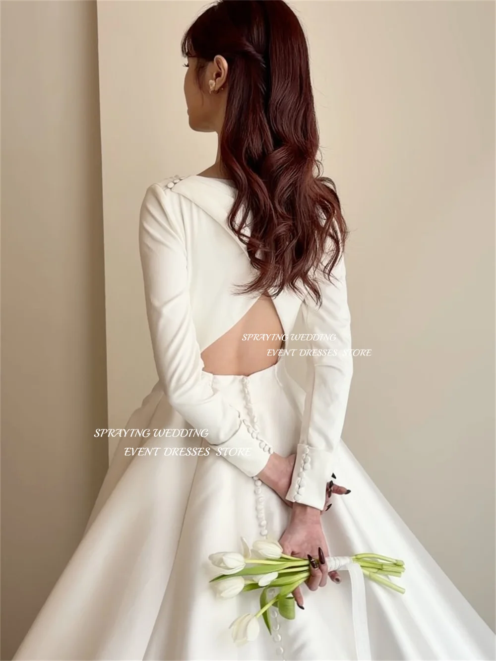 SPRAYING Elegantes langes Hochzeitskleid aus elfenbeinfarbenem Satin in A-Linie, Korea, Fotoshooting, O-Ausschnitt, lange Ärmel, Brautkleider, maßgeschneidert,  soi