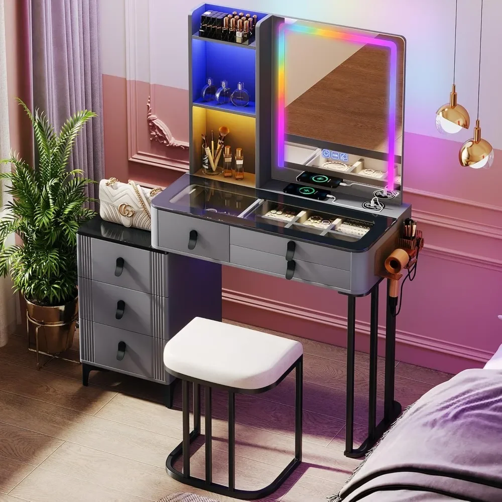 Vanity-with-Mirror-and-Lights Makeup Desk - Grey Dressing Table Set with Chair Glass Desktop Charging Station 6 Drawers 3 Open