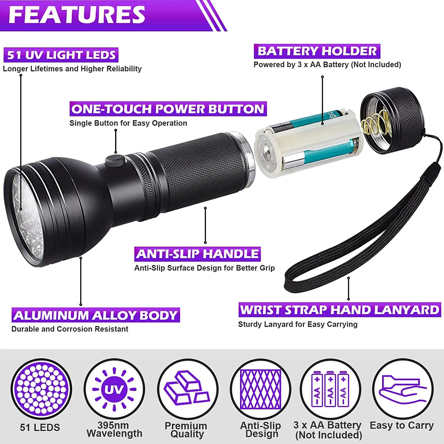 1 pcs of UV Flashlight Black Light, 51 LED 395nm UV Flashlight Black Light