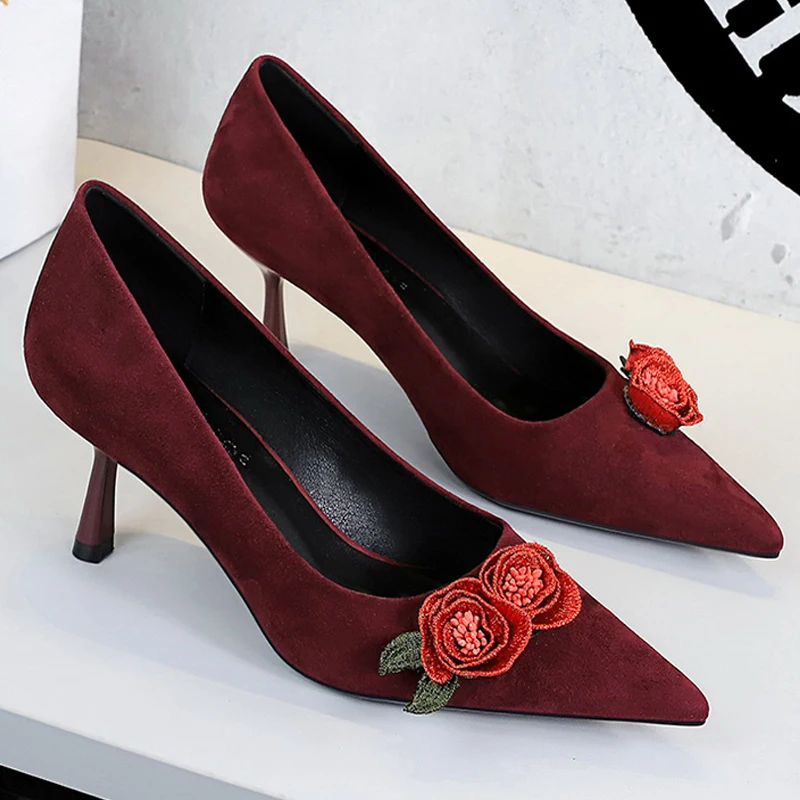 

2026 Женские туфли-лодочки, роскошные замшевые туфли на высоком каблуке с цветочным и розовым дизайном, женская обувь на шпильке 6,5 см, женская обувь
