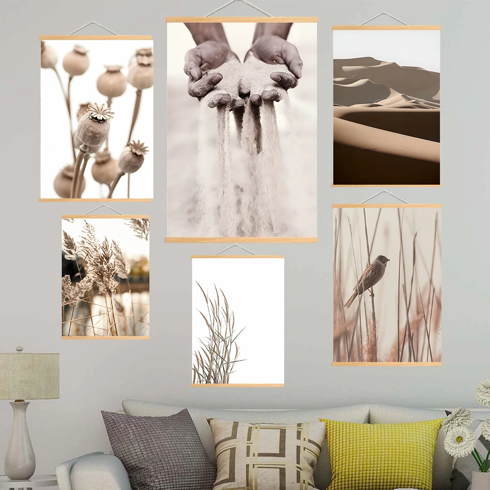 Pósteres nórdicos De plantas silvestres y impresiones De paisaje del desierto, rollo colgante De madera, pintura en lienzo, imágenes De heno para pared, habitación, hogar