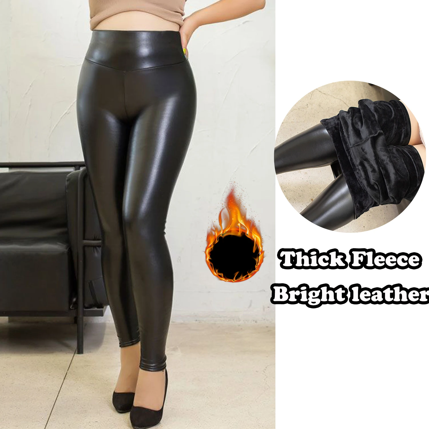 PU Leather Leggings With Pocket Women\'s Faux Thin Leggins Night Club High Waist Curvy Elastic Ruched Tummy Control Fitness Pants