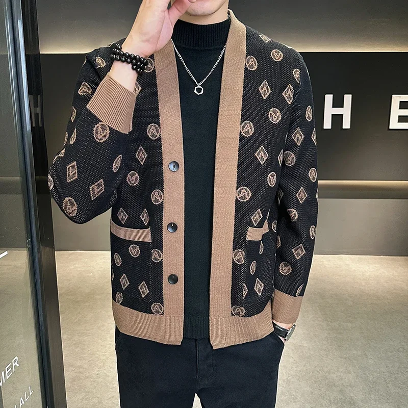 

Brand Autumn Jacquard Knitted Cardigan Jackets Men Casual Business Sweater Coats Fashion Button Cardigans Men Clothing M-4XL