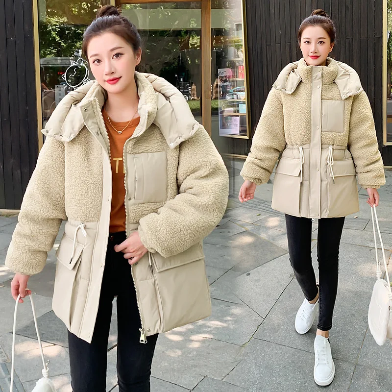 Women Lamb Wool Splice Thicken Warm Coats 2024 Winter Jacket Female Loose Down Cotton Coat Womens Hooded Puffer Parkas Snow Wear