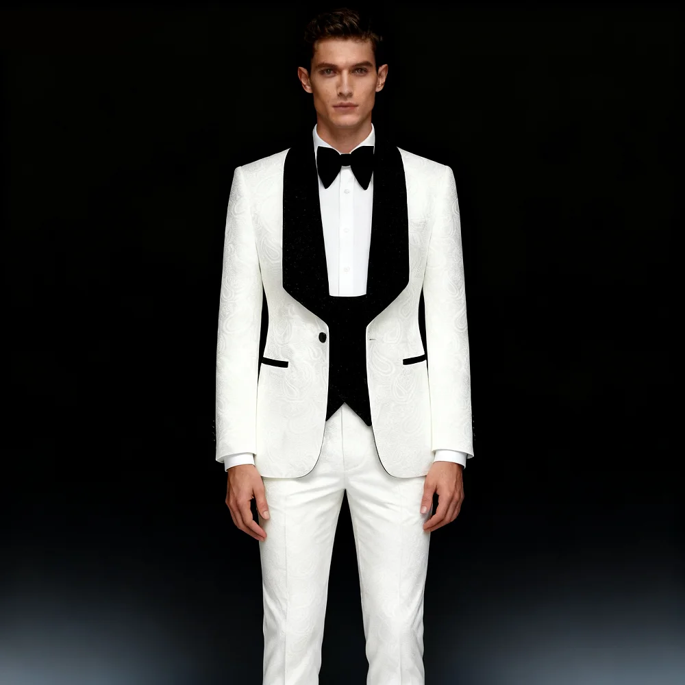

Men's Slim Fit Tuxedo Shiny Velvet Shawl Collar 3 Piece Suit Party Jacket Vest Pants & Bow Tie Set