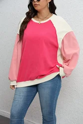 Plus Size Women's Lantern Sleeve Contrast Long Sleeve Pullover Top Fashion Autumn and Winter Color Collision Sweatshirt Women