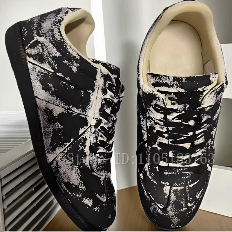 

Fashion New Graffiti Mixed Colors Men Sneakers Round Toe Suede Leather Lace Up Flats Comfort Casual Walking Sport Shoes