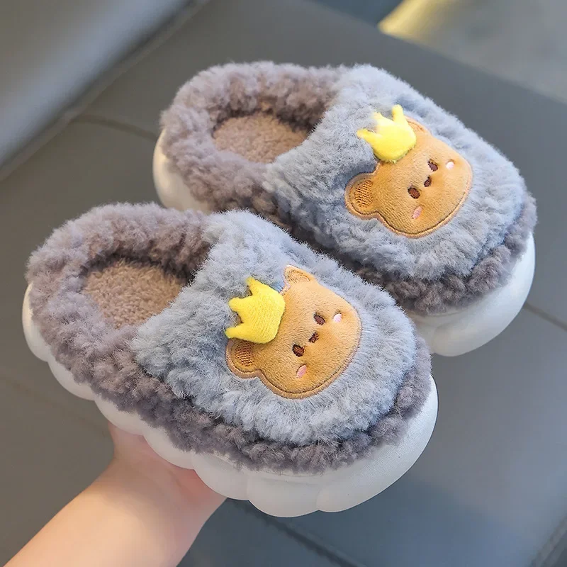 

Winter Cute Cartoon Thick Warm Plush Footwear for Kids Antiskid Boys Children Casual Home Shoes Girls Heel Wrap Cotton Slipper