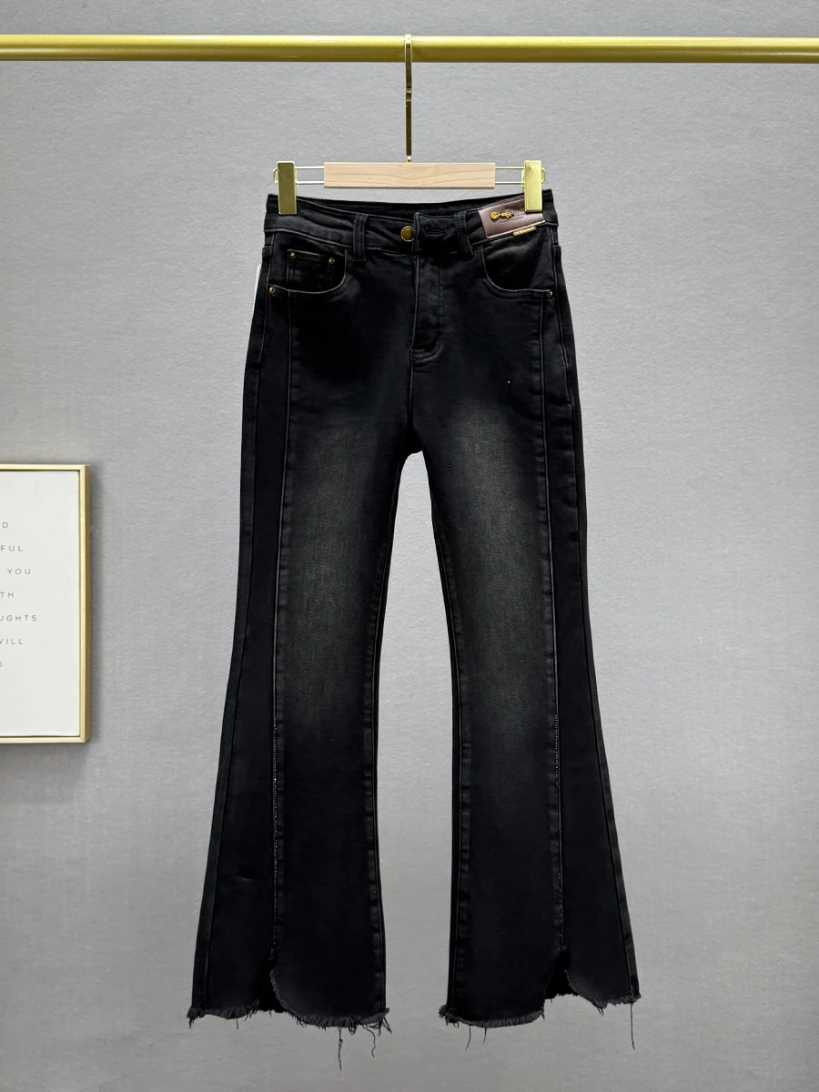 

Women's Fce-Lined Micro Flare Jeans High Waist Slimming Bla Frayed Long Pants Elastic Comfortable Winter Denim