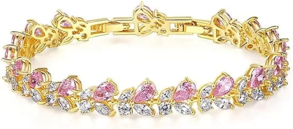 

14K Gold Bohemian Crystal Bracelet for Women,Luxury Branch Shape Natural Pink Crystal Charm Bracelet