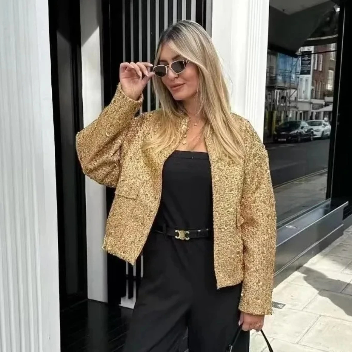 

Women's Fall Sequined Bomber Jacket, Round Neck Long Sleeve Jacket with Pocket and Stretch Hem, Shiny Sequins Coat Female Chic