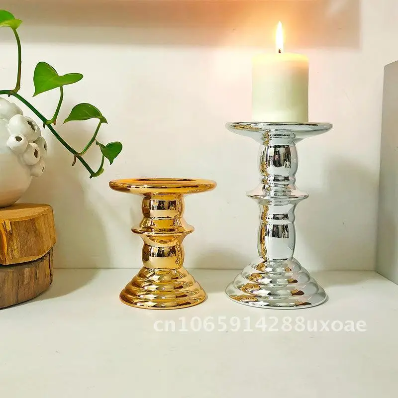 

Simple Electroplated Gold silver Creative High Foot Big Bottom Flat Plate Ceramic Candle Holder Trendy Decorative Candle Holder