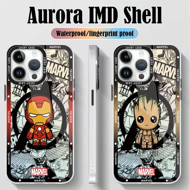 Marvel Avengers Iron Man Groot for iPhone 15 14 13 12 11 pro Max XS XR X 7 8 Iridescent Laser Clear Gradient Matte Phone Case