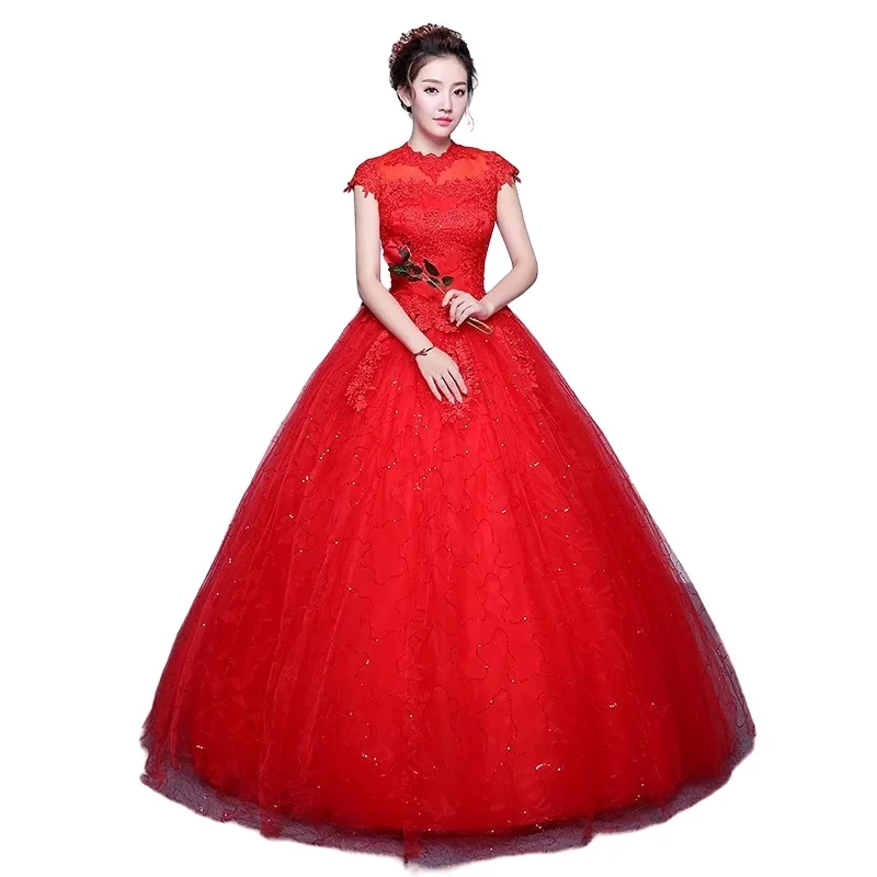 It's Yiiya Wedding Dress Red Bling Tulle Embroidery O-neck Lace up Princess Floor-length Plus size Cheap Bride Ball Gowns XN012