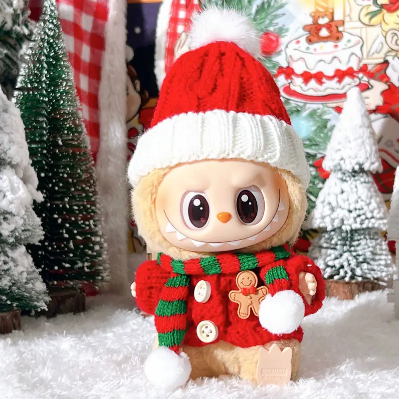 Christmas Labubu Doll Outfit Set Sweater Scarf Hat for 1 2 3 Gen Sitting Vinyl Figure Winter Party Costume Festive Clothing