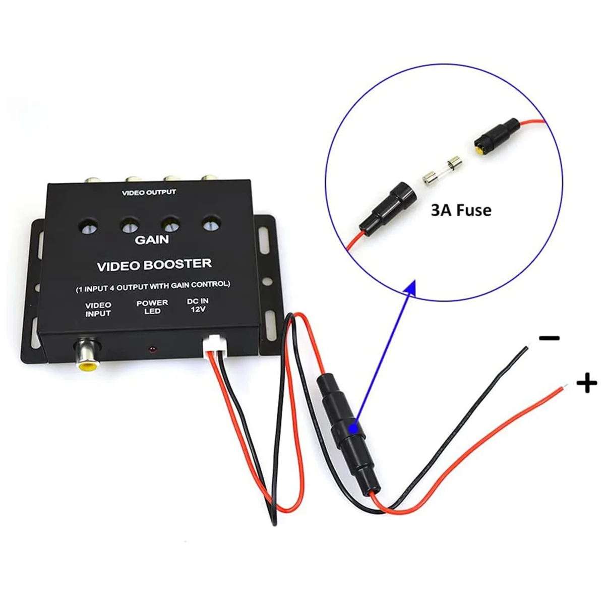 

B24A Car Video Splitter 1 to 4 AV Signal Booster Amplifier Splitter for Car CCTV TV LCD DVD Player 1 Input 4 Output