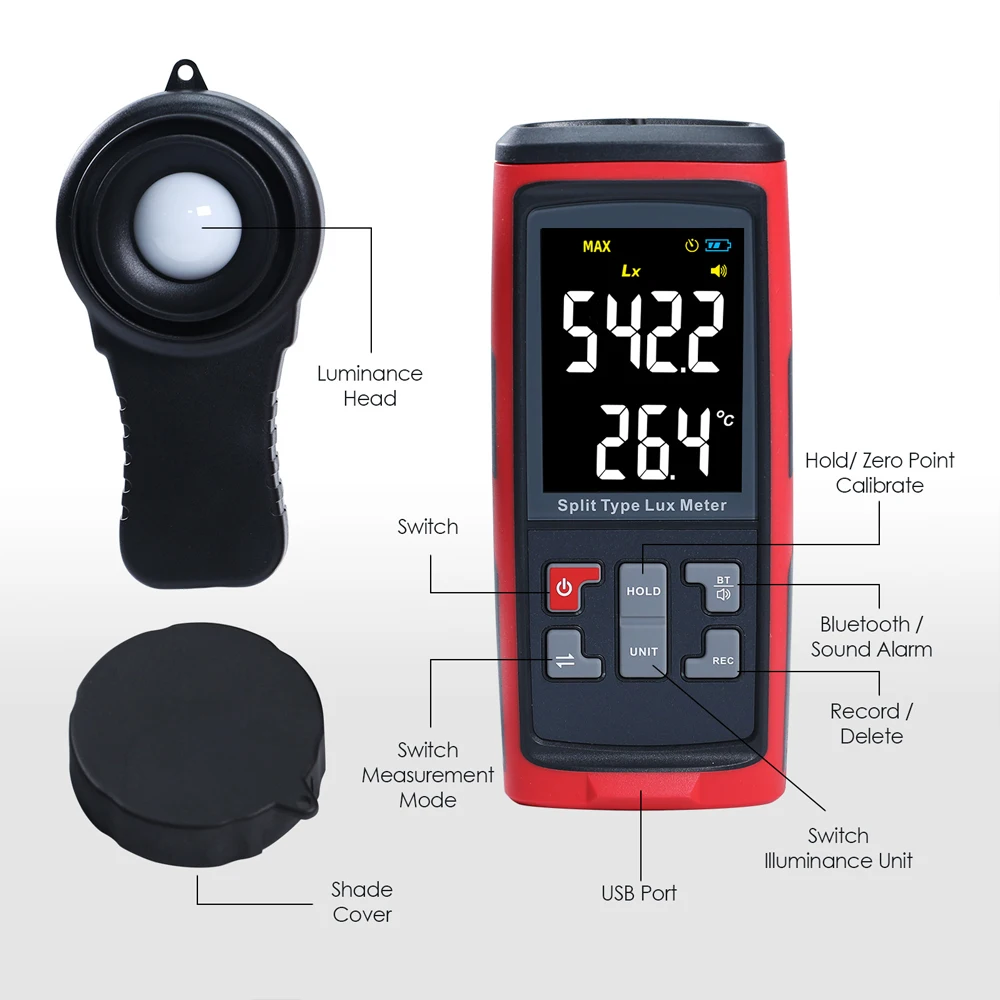 HEDAO GT1050 Digital Lux Meter High Precision Split Type Illuminometer Photometer Luminance Meter 0.1 Lx Resolution