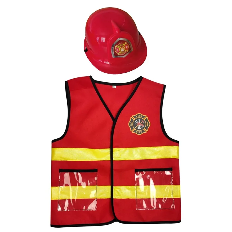 Kids Firefighter Cosplay Little Fireman Firemen Costume For Boy Child Halloween Carnival Party Red Fire Drill Costumes Hat Kit