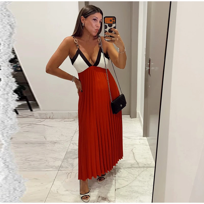 Kettenmuster-Maxikleid mit Spaghettiträgern, Farbblock-Design, V-Ausschnitt, A-Linie, Locker Geschnittenes Langes Kleid für Gäste und Partys, Sommermode 2026, Elegantes Abendkleid – Detail 7