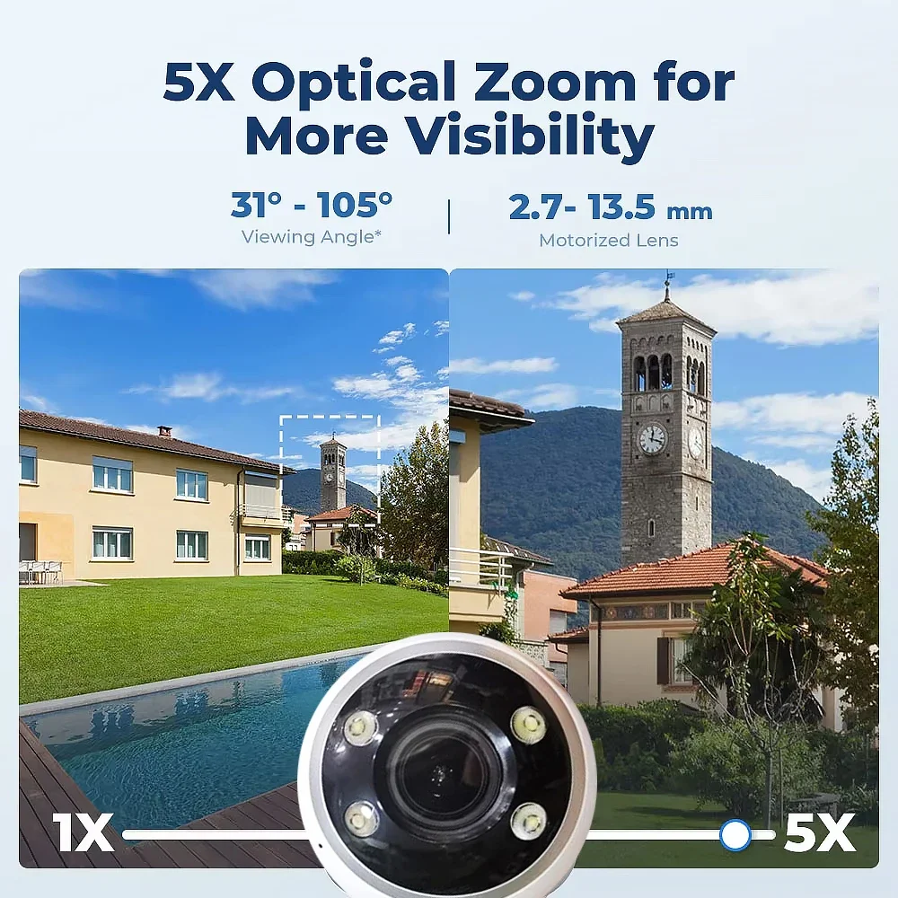 5MP 5X Optical Zoom Security Camera WiFi 2.4/5Ghz Outdoor Surveillance Cameras Color Night Vision Humanoid Tracking PTZ Camera