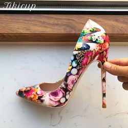 Tikicup Flower Embossed Printed Women Pointy High Heel Shoes for Floral Dress Elegant Ladies Comfortable Slip On Stiletto Pumps