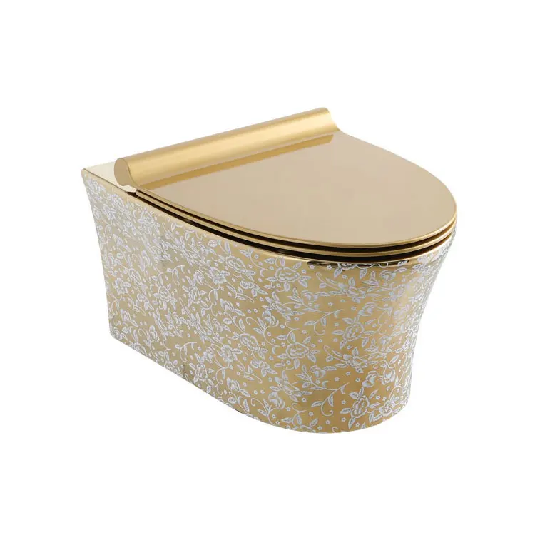 Accessoires de salle de bain sanitaires : WC suspendu à chasse d'eau dissimulée avec siphon en P, en céramique monobloc couleur or