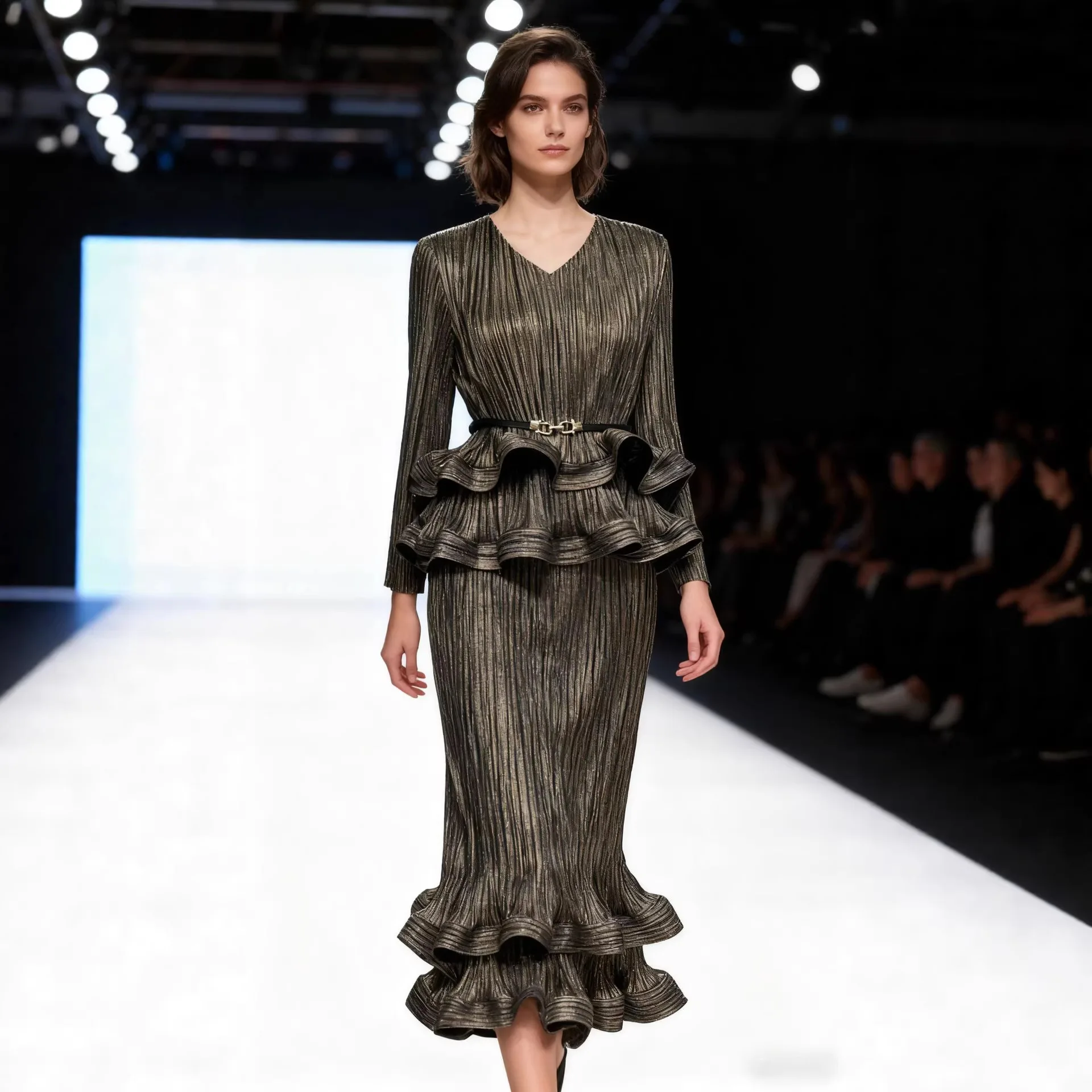 New pleated two-piece women's suit with a fitted waist, stylish and elegant design, gold foil V-neck, factory direct sales.