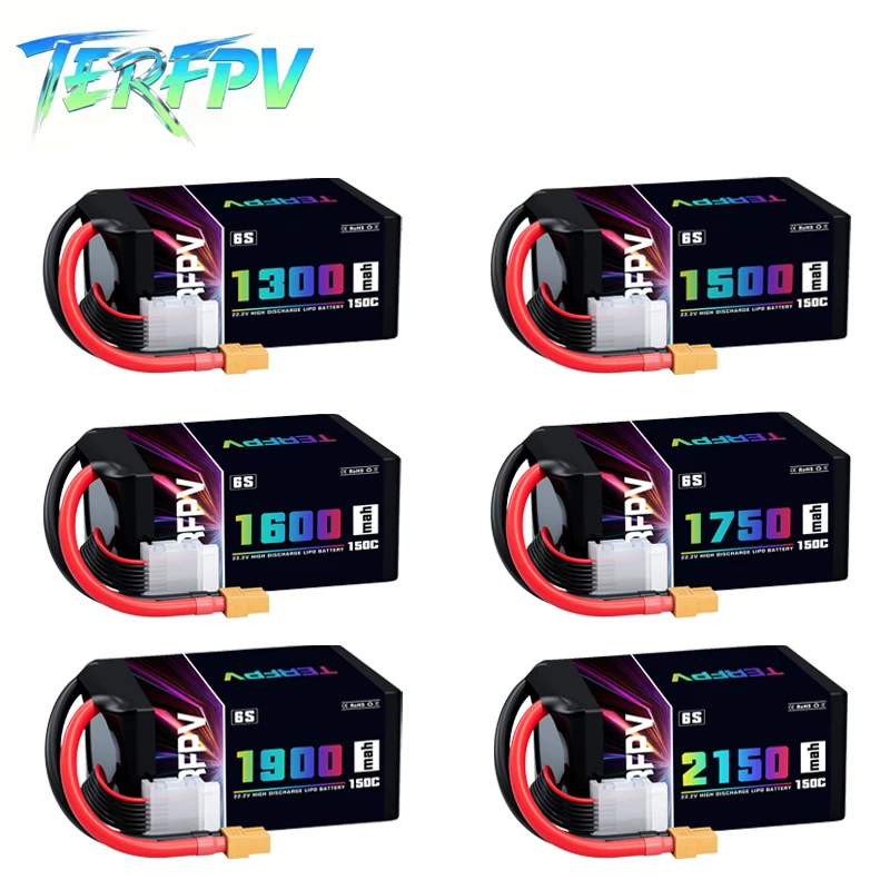 TERFPV 6S 22.2V Lipo Battery 150C 1300/1400/1500/1600/1680/1750/1900/2000/2150mAh with XT60 Plug for FPV Drone Airplane