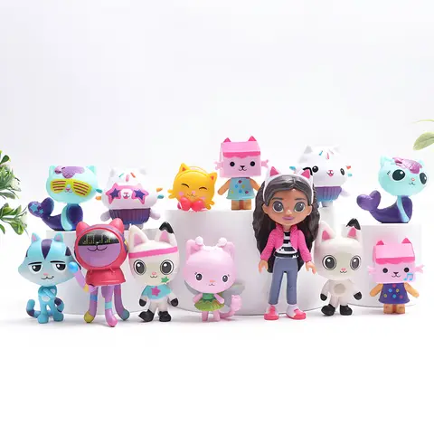 13 pezzi Gabby Dollhouse Anime Figure Toy Smiling Car Cat Hug Gaby Girl Dolls Mercat Cartoon Action Figure Natale Compleanno Regalo per bambini