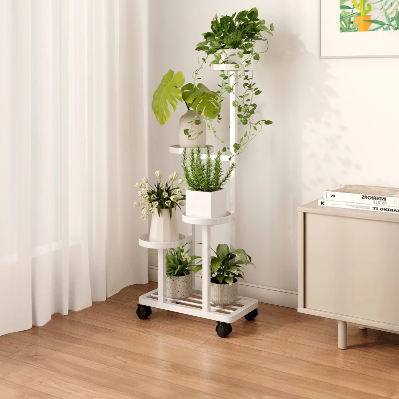 

White Balcony flower stand simple wheeled movable terrace metal Plant shelf thickened sturdy salon de jardins patio furniture