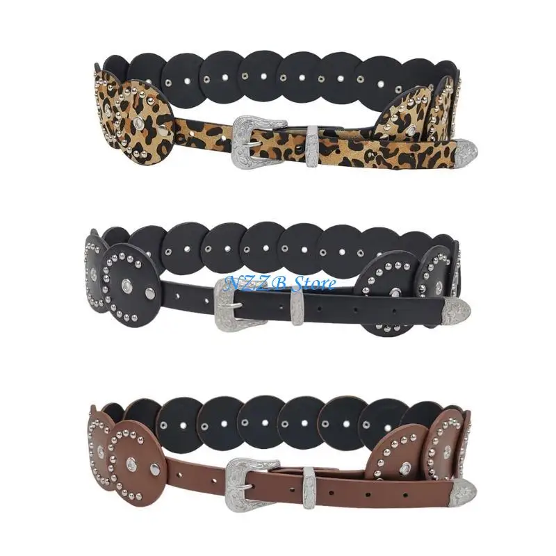 

T21F Round Disc Belt for Women with Rivet Studded Fashion PU Belt All Matching Belt Western Waiststrap Adjustable Waistband