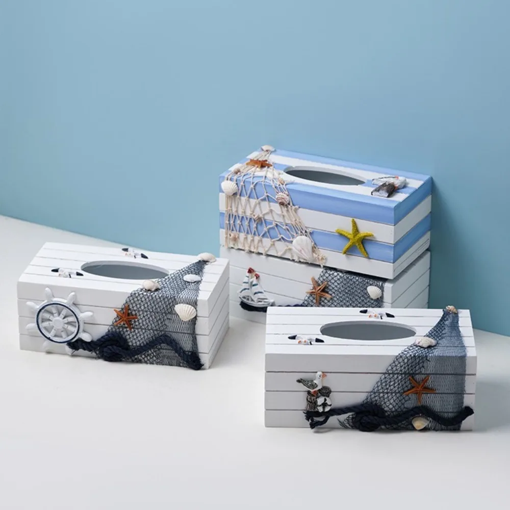 Caja de almacenamiento de pañuelos de estilo mediterráneo creativo, caja de papel con temática de océano de madera, dispensador de servilletas decorativo para el hogar
