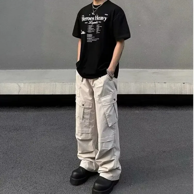 

Men's Beige Cargo Pants Loose Fit Multi-Pocket Casual Streetwear Trousers