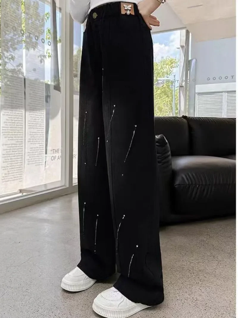 

Kids Wide-Leg Jeans Winter Outerwear Fleece-Lined Thermal Insulation High Long Pants for Tween Girls Double-Layered Thickened